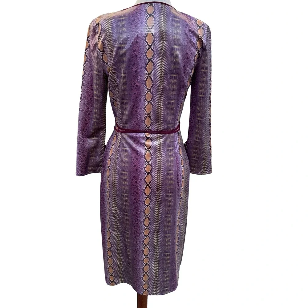 Kathryn Conover Y2K 90s Mob Wife Purple Faux Snakeskin Edgy Wrap Midi Dress 2